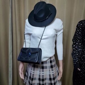 Black Fedora Hat and White Sweater with Plaid Skirt